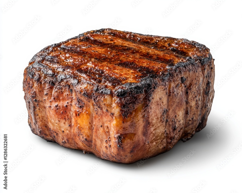 Poster Close up view of a grilled steak, showcasing its rich brown crust and grill marks against a plain white background. The steak is square shaped and