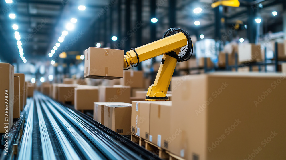 Poster a robotic arm swiftly redirects packages on a high-tech conveyor belt as an automated logistics syst
