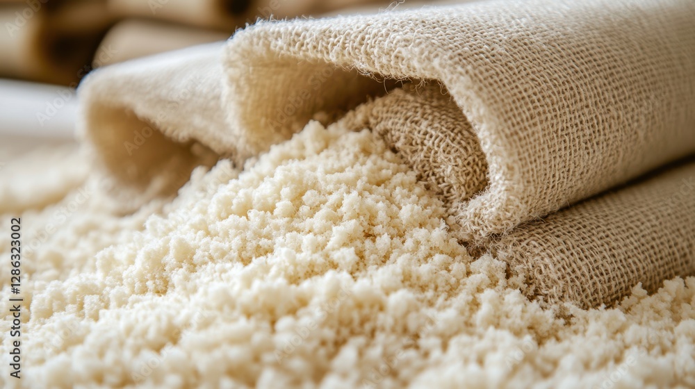 Poster a neatly arranged pile of white carpet alongside a rolled-up burlap fabric, showcasing texture and c
