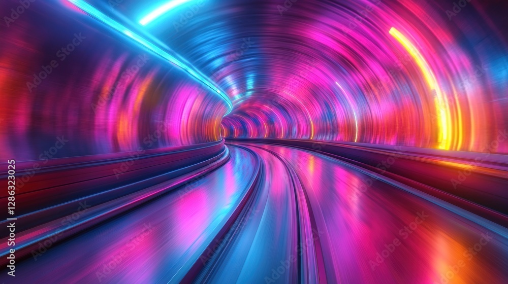Aufkleber abstract vibrant neon tunnel with glowing lights and speed lines.