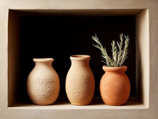 Rustic wooden shelf with handcrafted clay pots and dried herbs arranged in minimalist composition evoking traditional craftsmanship and earthy natural aesthetics