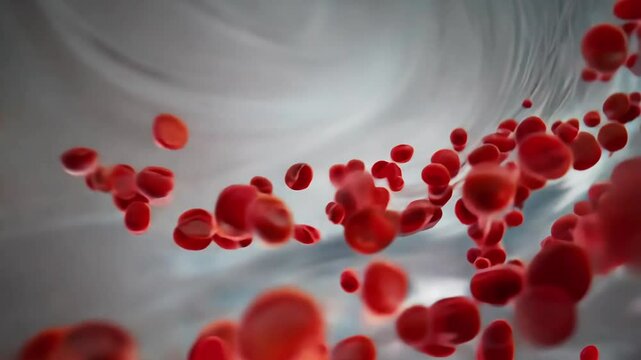 A highly detailed 3D-rendered visualization of red blood cells flowing through a bloodstream, representing advanced medical science, circulation, and biotechnology.  
