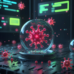 Set within a moody cyberpunk lab, the environment pulses with neon-green warning alerts flashing across futuristic monitors. 