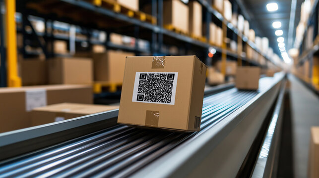 A robotic warehouse sorting machine scanning QR codes on cardboard boxes as they are efficiently directed along separate conveyor belt paths inside a modern fulfillment center.