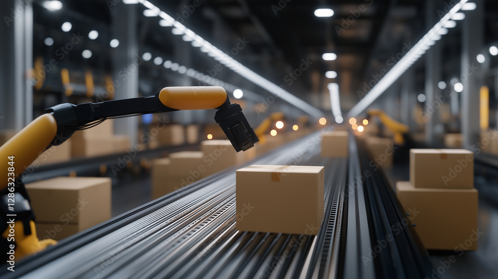 Poster a sleek, modern sorting facility where robotic arms seamlessly transfer cardboard boxes between conv