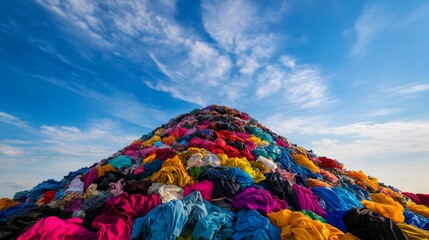 A towering heap of colorful, discarded garments stretches towards the sky, illustrating the overwhelming consequences of fast fashion and consumer waste