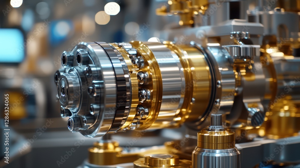 Poster a detailed close-up view of a complex machine showcasing various intricate metal components and part