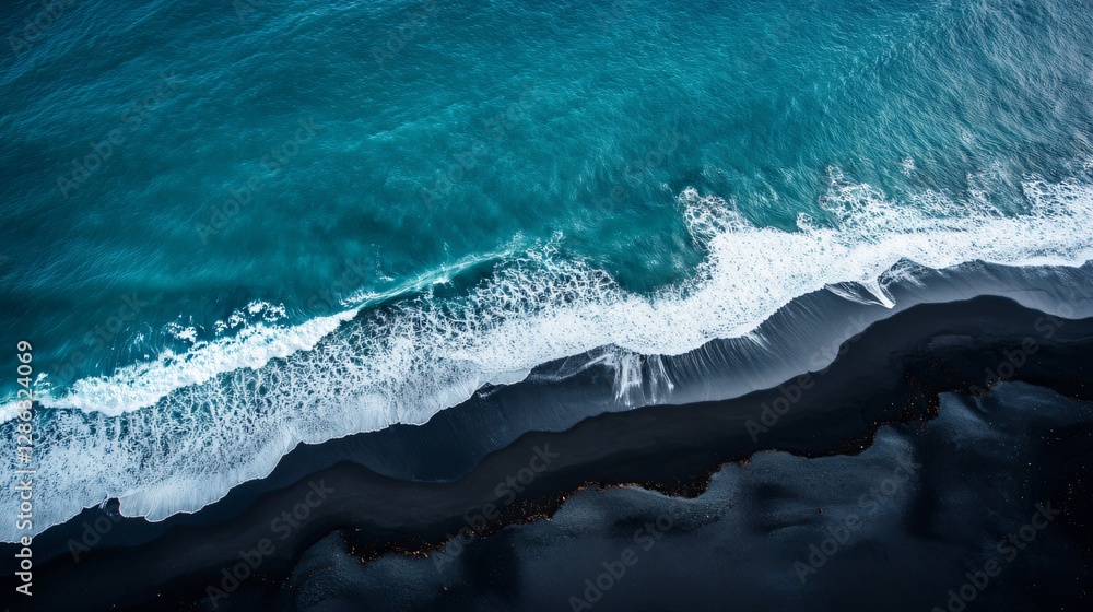 Poster aerial view of black sand beach with jagged rocks and crashing waves creating white foam