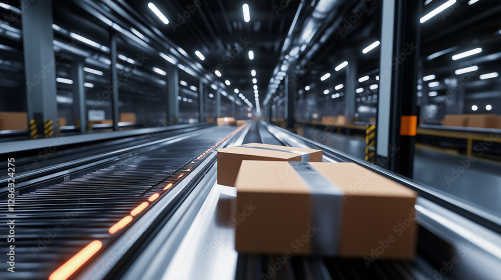 Aufkleber an ultra-modern logistics facility where an ai-powered sorting system processes incoming packages, d