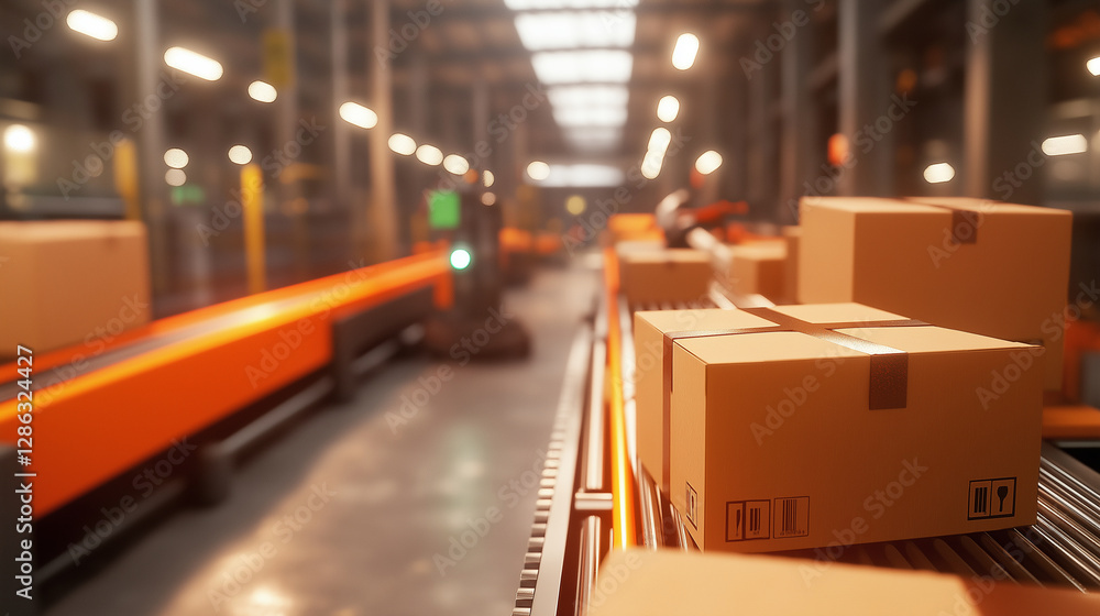Poster a robotic package sorting station inside a high-speed warehouse, where cardboard boxes are swiftly c