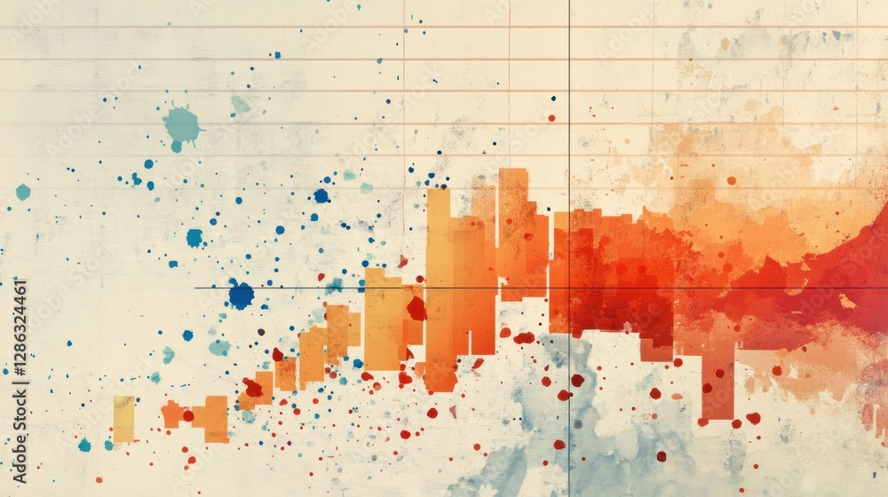 Fototapete abstract watercolor painting with color splashes and grid lines on textured paper background.