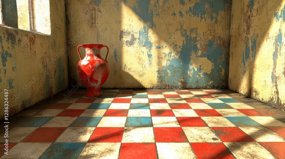 Poster a striking red vase is prominently displayed in a room featuring a distinctive checkered floor desig