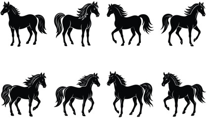 Naklejka premium Set of horses silhouette. Horse Black and White Square Icon. Horse Icon on Black and White Vector Backgrounds. Arabian horse silhouette.