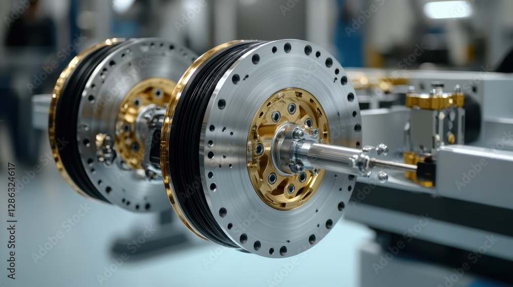 Poster a detailed close-up view of a machine featuring a prominent large disc, showcasing intricate mechani
