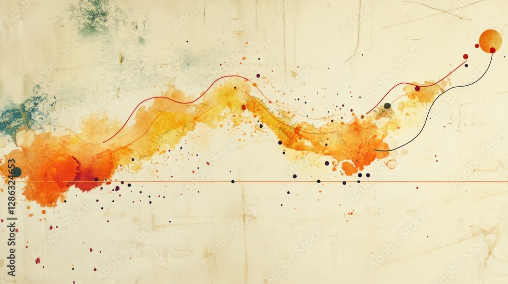 Poster abstract watercolor painting with flowing lines and color splashes on textured background.