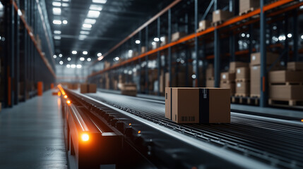 High-tech warehouse with conveyor belts and an AI-driven sorting system handling packages efficiently.