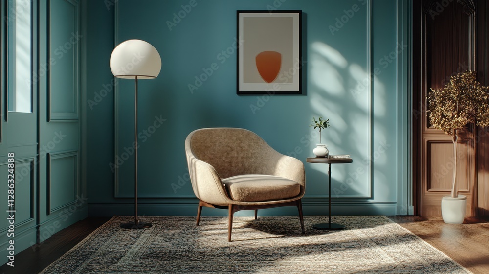 Poster a room features a chair and table against a backdrop of blue walls, creating a serene and inviting a