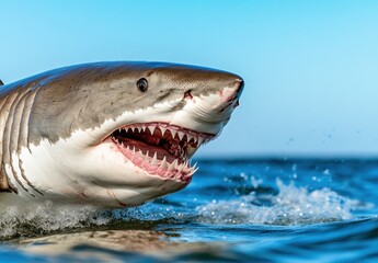 Fototapeta premium Close up view of a great white shark's head breaking the surface of the ocean, its mouth open, showing sharp teeth. The water is blue and clear, and
