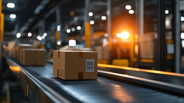 Close-up of an automated package sorter scanning and directing boxes on a conveyor belt.
