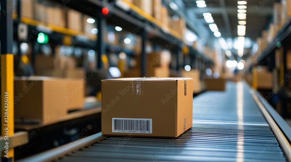 Aufkleber barcode scanners process cardboard boxes on an automated conveyor in a high-tech fulfillment center.