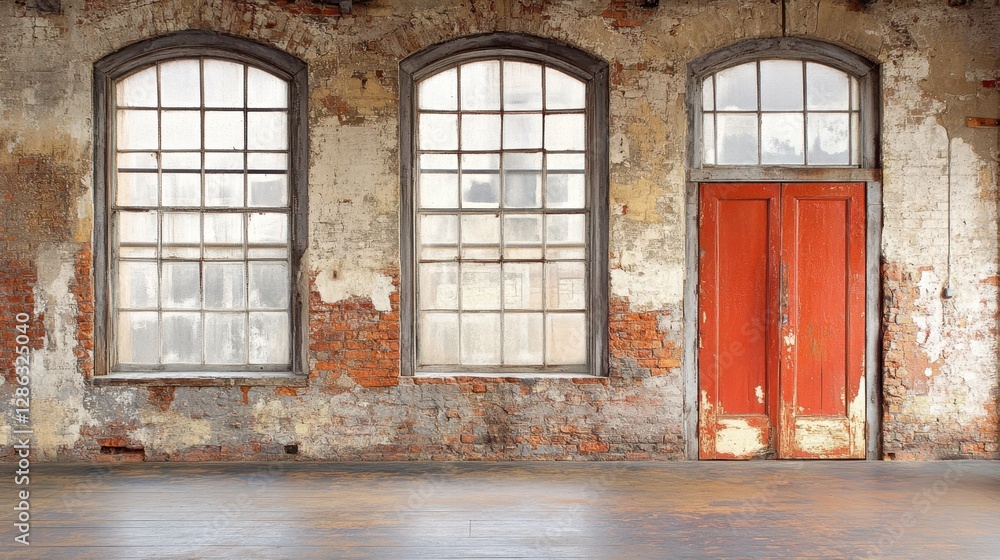 Poster a building features three distinct windows alongside a prominent red door, highlighting architectura