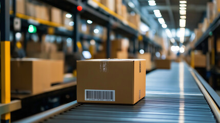 Barcode scanners process cardboard boxes on an automated conveyor in a high-tech fulfillment center.