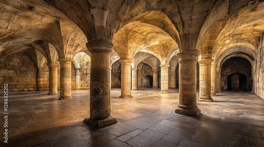 Poster a spacious room features numerous columns and a prominent clock, creating a grand architectural atmo