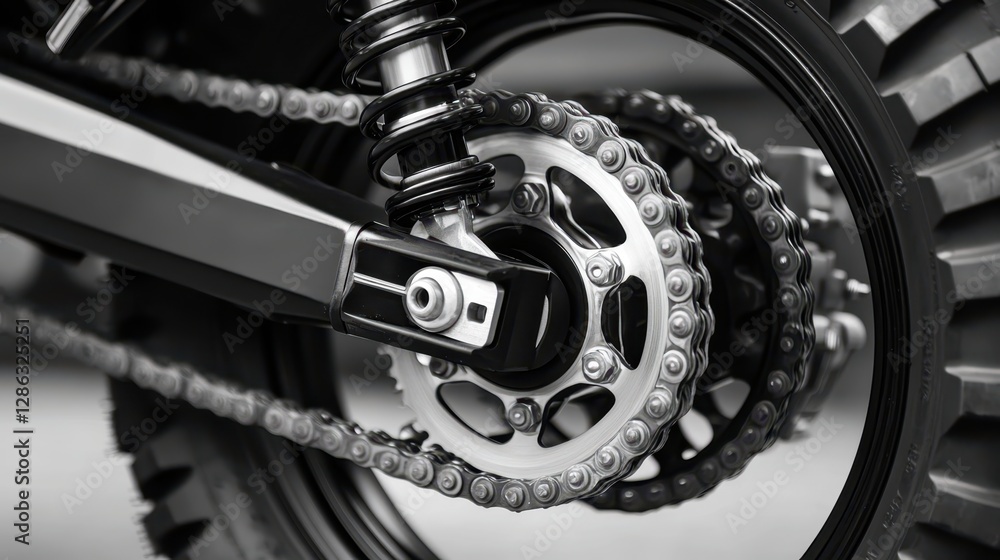 Poster a detailed close-up showcasing a bike chain, emphasizing the intricate links and a chain attachment 