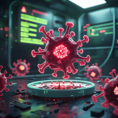 Set within a moody cyberpunk lab, the environment pulses with neon-green warning alerts flashing across futuristic monitors. 