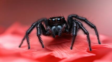 Fototapeta premium A striking close-up of a glossy black jumping spider perched on vibrant red flower petals, capturing the intricate details and colors of nature's beauty.