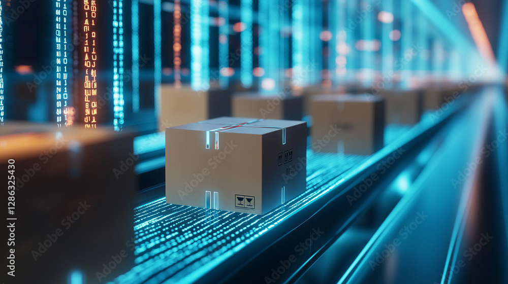 Poster glowing digital screens display tracking info as cardboard boxes glide through sorting lanes.