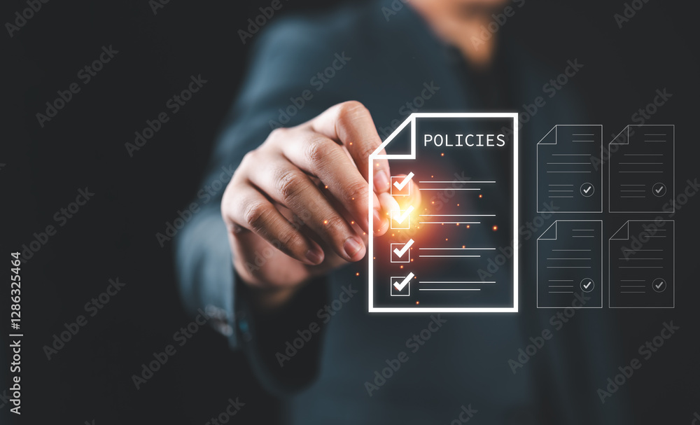 Poster Businessman check online document validation icon, Concepts of practices and policies, company articles of association Terms and Conditions, regulations and legal advice, corporate policy