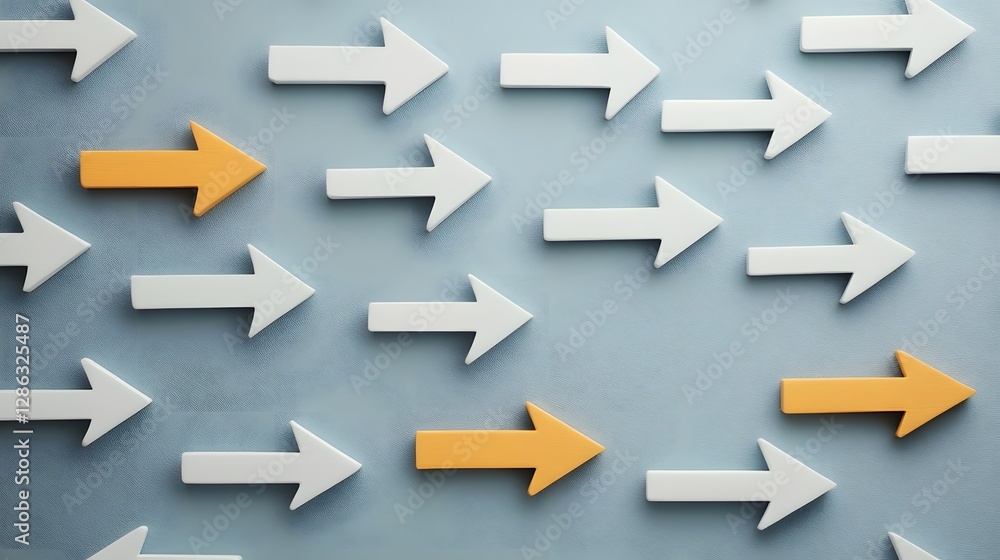 Poster arrows pointing in multiple directions on gray background, business strategy and decision concepts