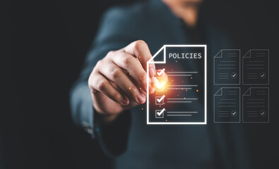 Businessman check online document validation icon, Concepts of practices and policies, company articles of association Terms and Conditions, regulations and legal advice, corporate policy