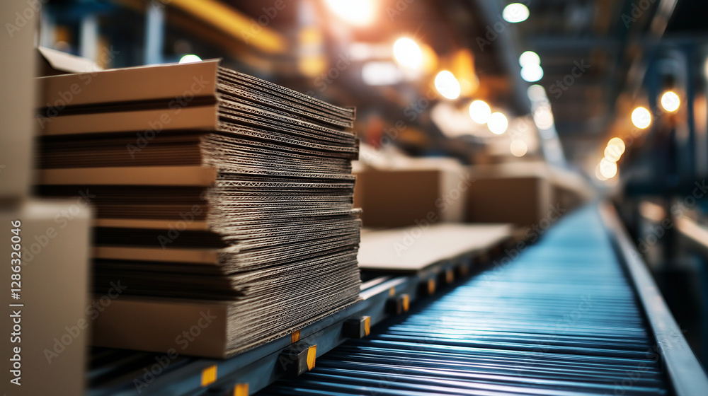 Poster stacks of flat cardboard sheets move along a conveyor in a high-tech packaging factory.