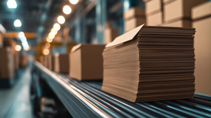 Stacks of flat cardboard sheets move along a conveyor in a high-tech packaging factory.