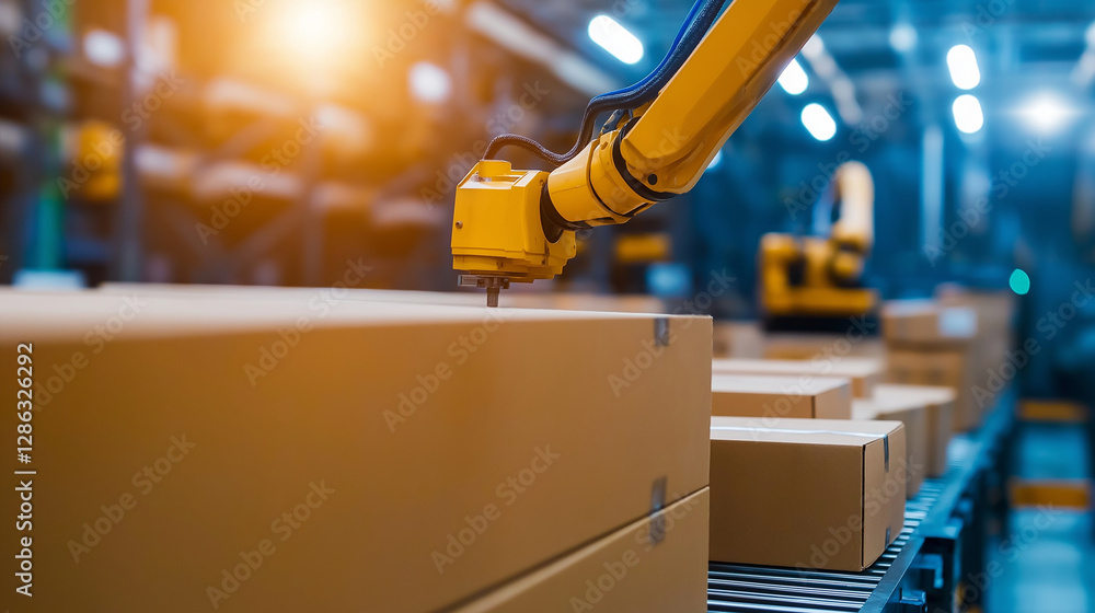Poster close-up of robotic arms stacking and aligning cardboard sheets for production.
