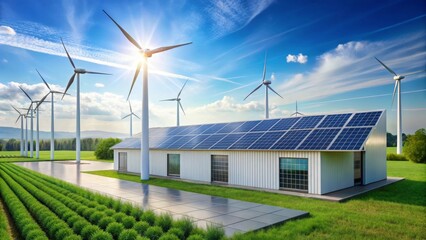 Sustainable Energy Structure Modern Building with Solar Panels and Wind Turbines in a Lush Green Field