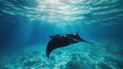 Fototapeta premium Graceful manta ray swimming through clear ocean waters with sunlight shimmering on the seabed