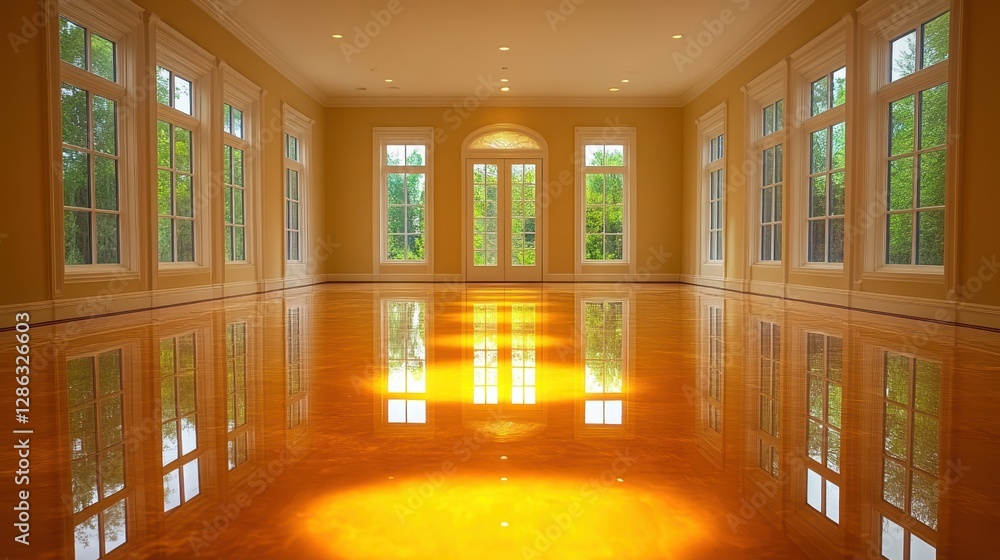 Poster a bright room featuring numerous windows that allow natural light to enhance the polished floor, cre