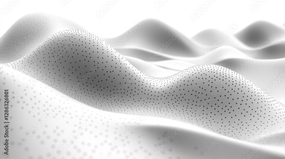 Poster abstract white undulating surface with tiny dots, 3d rendering.