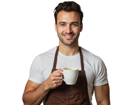 A man smiles while holding a cup, wearing a brown apron, against a transparent background - Powered by Adobe