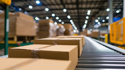 Obraz premium Stacks of cardboard glide along a high-speed production line in a modern factory.