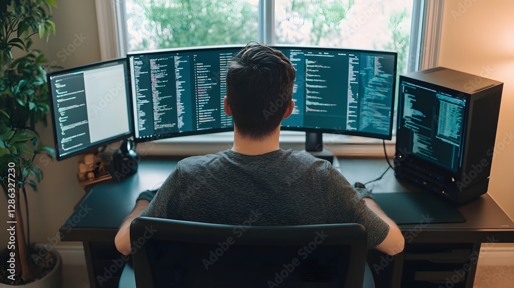 Poster freelance developer coding in cozy home office with dark mode tech setup