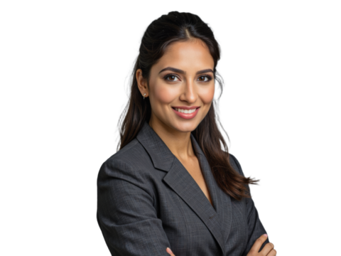 A confident woman wearing a professional suit poses in front of a plain background.
