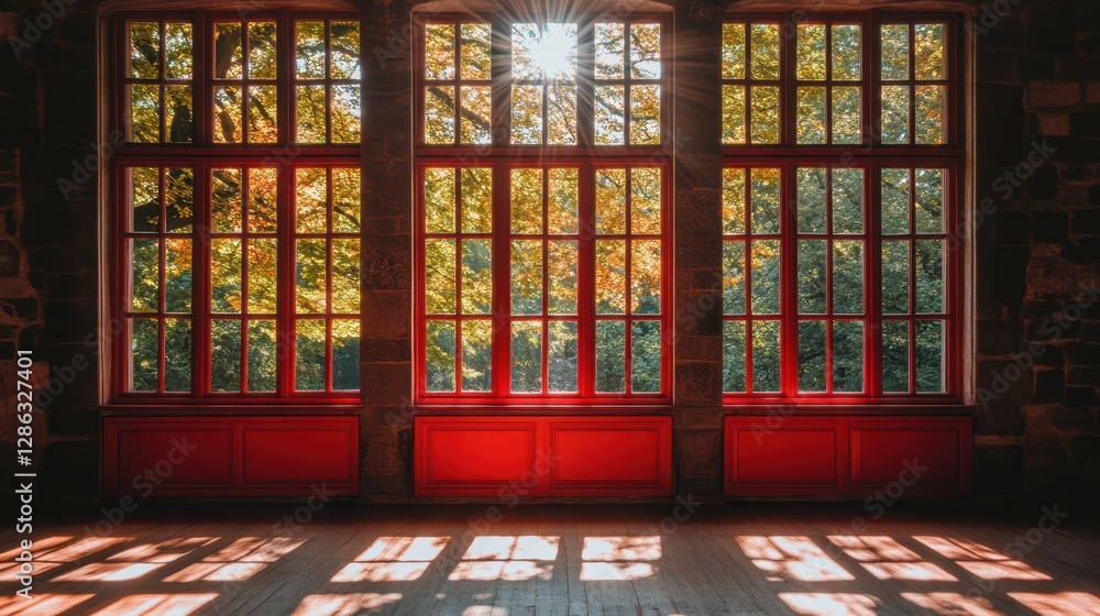 Poster sunlight filters through a window, casting warm light onto a textured brick wall and floor, creating