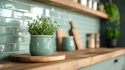 This image showcases a beautifully arranged herb pot on a rustic wooden shelf, surrounded by a serene kitchen ambiance with soft green tiles, invoking freshness.