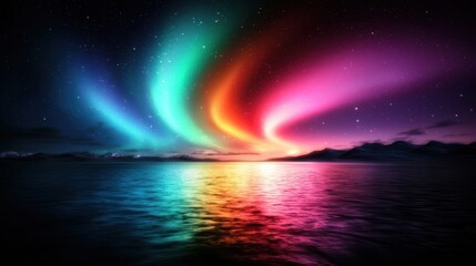Vibrant Aurora Borealis Illuminates Serene Waters Under a Starry Night Sky