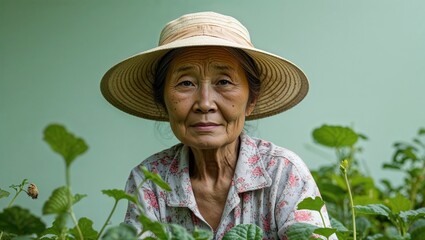 An elderly East Asian woman gardening in a sunhat in her backyard in closeup portrait on a plain light green background