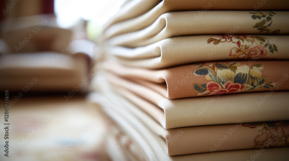 Poster a detailed close-up view of neatly folded fabric arranged in a stack on a wooden table, showcasing t